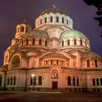 Alexander Nevsky Cathedral at night, during a mini snow storm