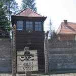 Electrified fence and guard tower at Auschwitz