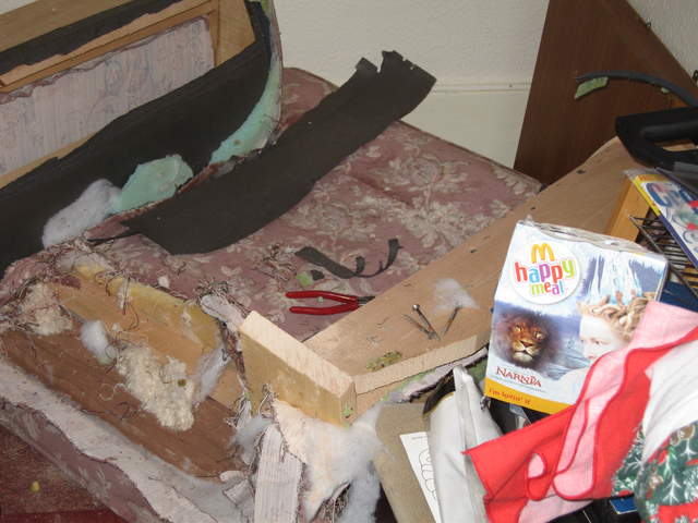The chair, partly destroyed