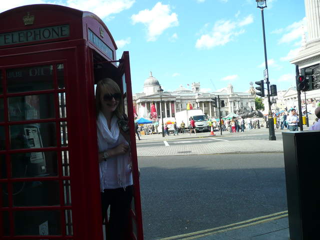 Catherine in the phone box, and Trafalgar Sq.