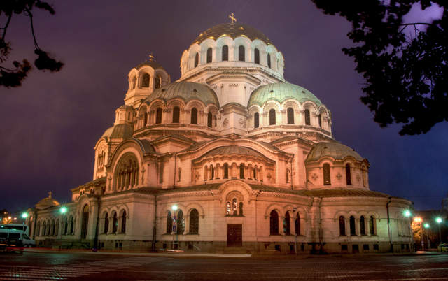 Alexander Nevsky Cathedral at night, during a mini snow storm