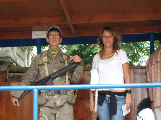 Sandra with a Greek soldier at the Green Line