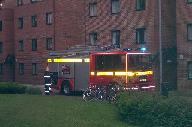 Fire engine, responding to toaster crisis in Telford Court