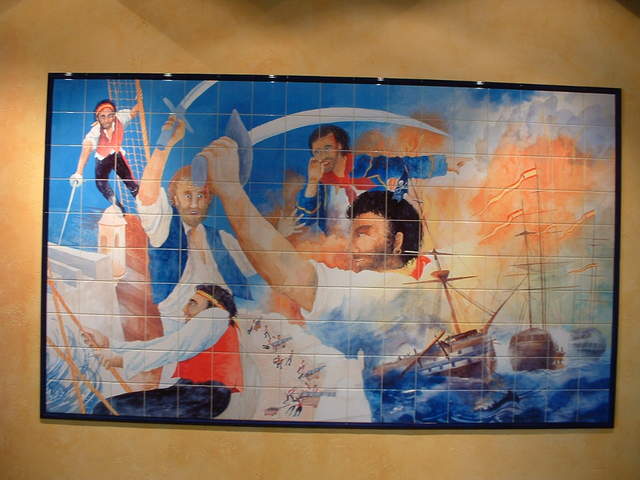 Hand painted tile depicting that pirates and sailors favored Bacardi rum