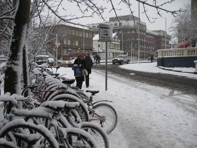 Bicycles in the snow at Watford Junction