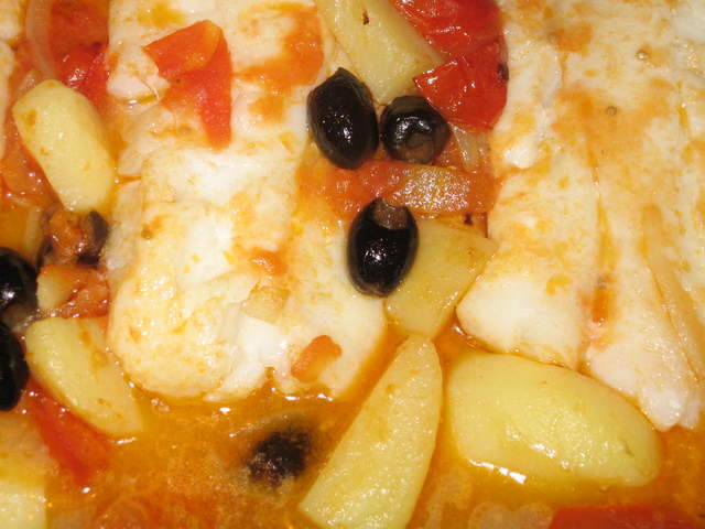 Italian baked cod with tomatoes and olives