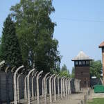 Electrified fence and guard tower at Auschwitz