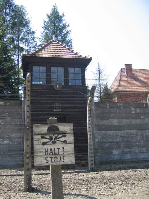 Electrified fence and guard tower at Auschwitz