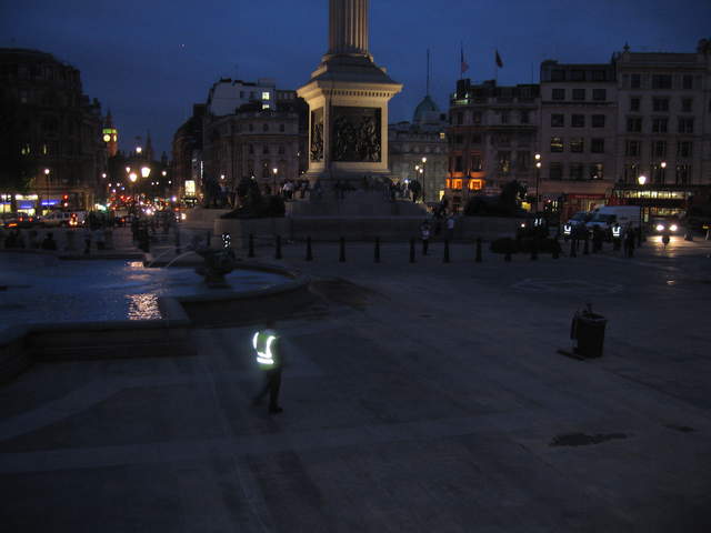 Trafalgar Sq. Green in the evening, after the clean-up