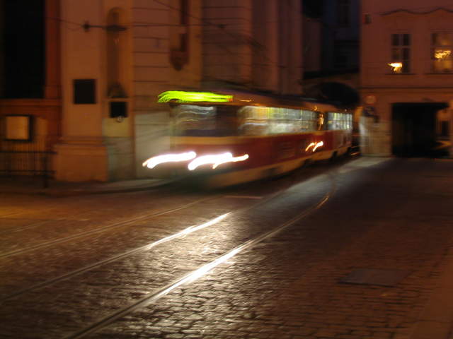 Tram at night in Malá Strana (Little Quarter)