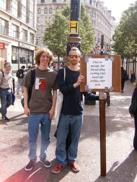 Andrew and his future self - Comedy Sign Dude