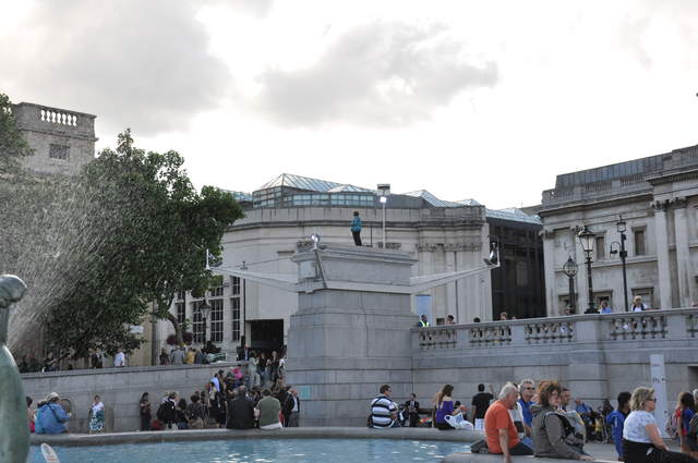 Marion knitting on the plinth