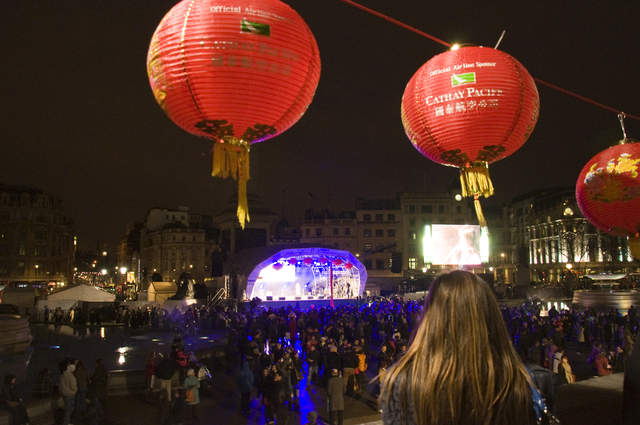 Lanterns and stage at Trafalgar Sq.