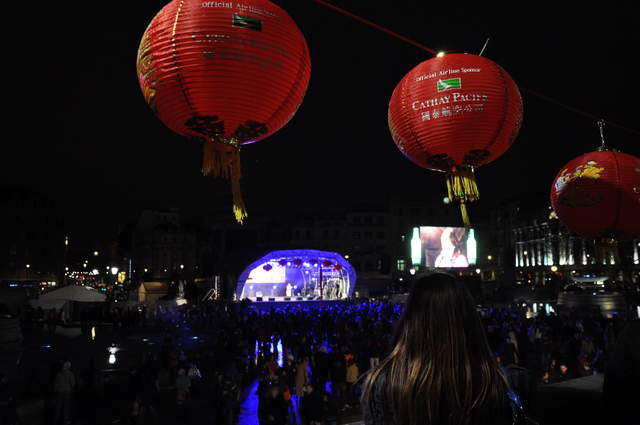 Lanterns and stage at Trafalgar Sq.